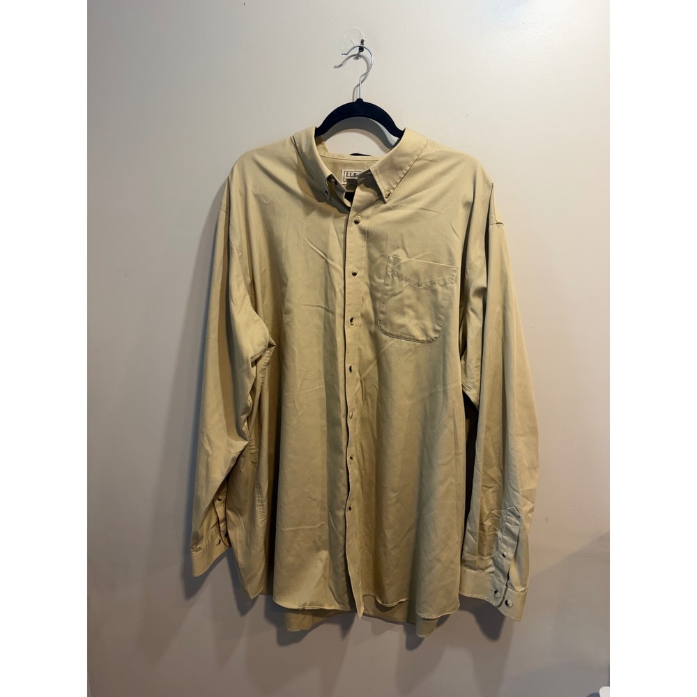 LL Bean Mens XXL Tall Tan Khaki Wrinkle Resistant Cotton Button Down‎ Shirt O